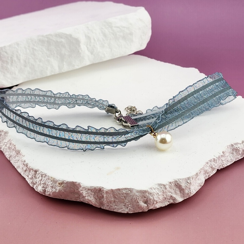 Blue Gray Ruffle Lace Ribbon Choker Necklace Faux Pearl Drop Coquette Romantic